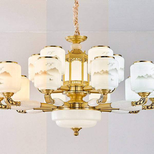 Traditional Chinese Copper Jade Glass Cylinder Temple Landscape Carving 6/8/10/12/15/18-Light Chandeliers For Living Room