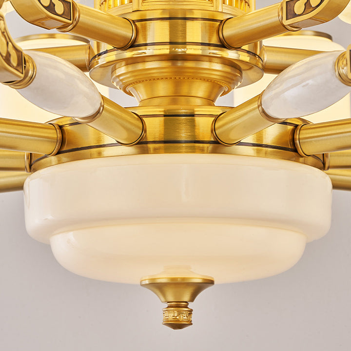 Traditional Chinese Copper Jade Glass Cylinder Temple Landscape Carving 6/8/10/12/15/18-Light Chandeliers For Living Room