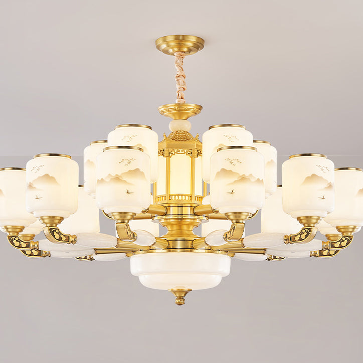 Traditional Chinese Copper Jade Glass Cylinder Temple Landscape Carving 6/8/10/12/15/18-Light Chandeliers For Living Room