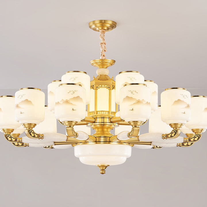 Traditional Chinese Copper Jade Glass Cylinder Temple Landscape Carving 6/8/10/12/15/18-Light Chandeliers For Living Room