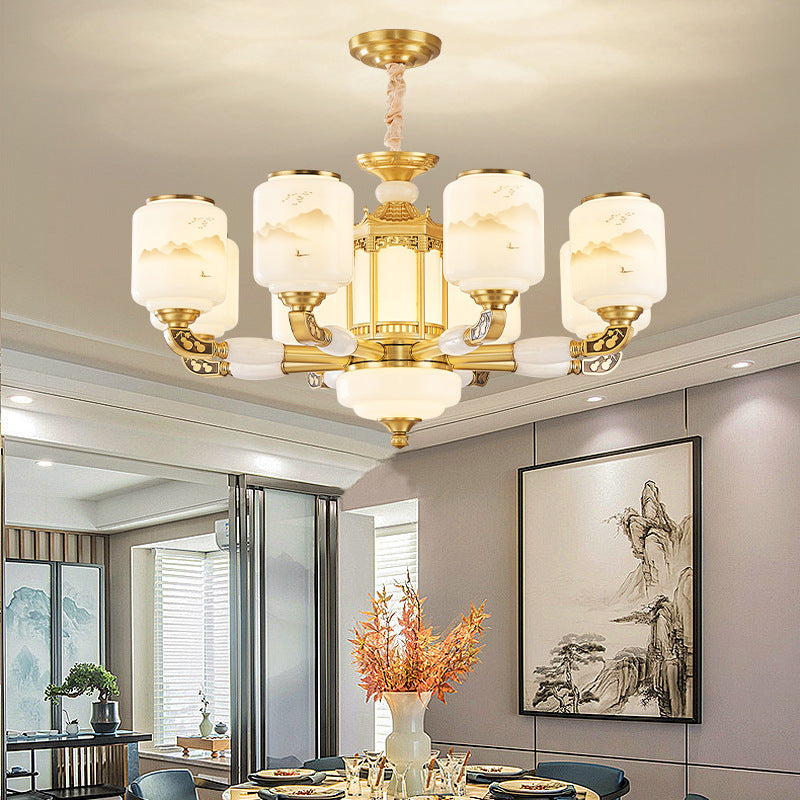 Traditional Chinese Copper Jade Glass Cylinder Temple Landscape Carving 6/8/10/12/15/18-Light Chandeliers For Living Room