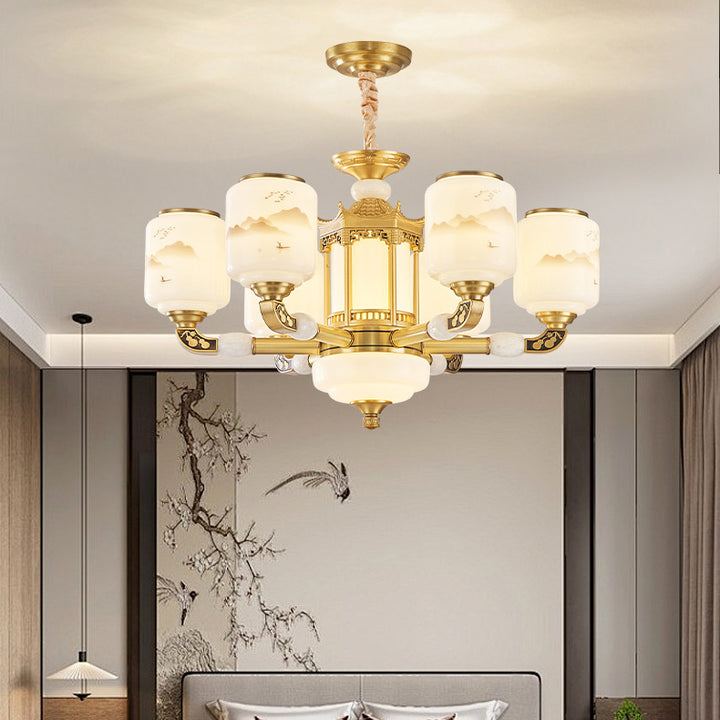 Traditional Chinese Copper Jade Glass Cylinder Temple Landscape Carving 6/8/10/12/15/18-Light Chandeliers For Living Room