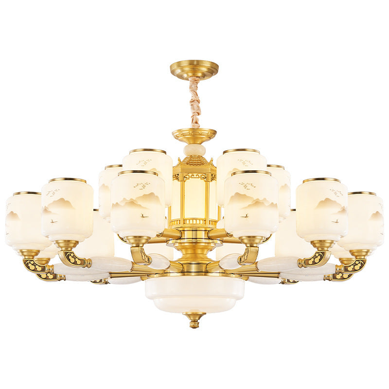 Traditional Chinese Copper Jade Glass Cylinder Temple Landscape Carving 6/8/10/12/15/18-Light Chandeliers For Living Room