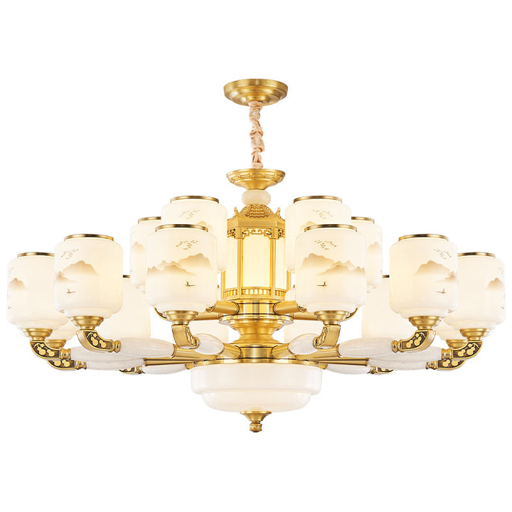 Traditional Chinese Copper Jade Glass Cylinder Temple Landscape Carving 6/8/10/12/15/18-Light Chandeliers For Living Room