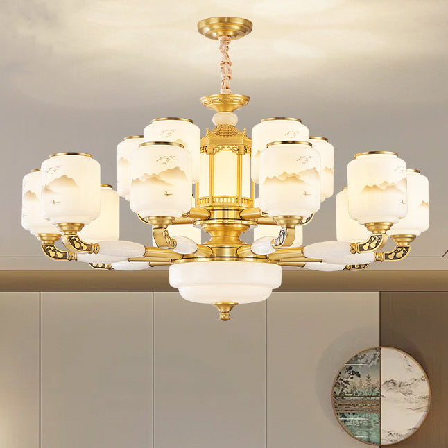 Traditional Chinese Copper Jade Glass Cylinder Temple Landscape Carving 6/8/10/12/15/18-Light Chandeliers For Living Room