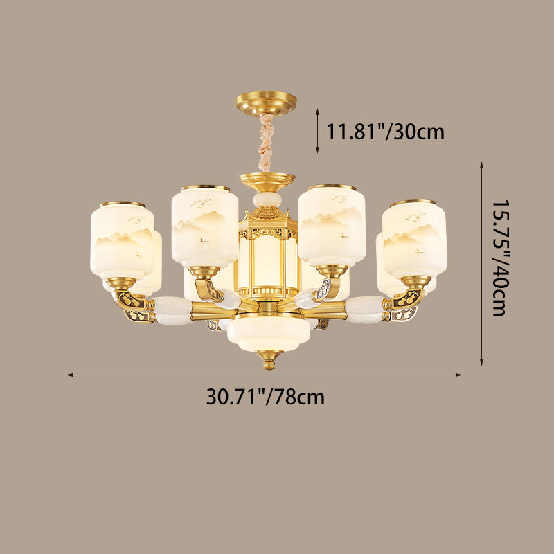 Traditional Chinese Copper Jade Glass Cylinder Temple Landscape Carving 6/8/10/12/15/18-Light Chandeliers For Living Room