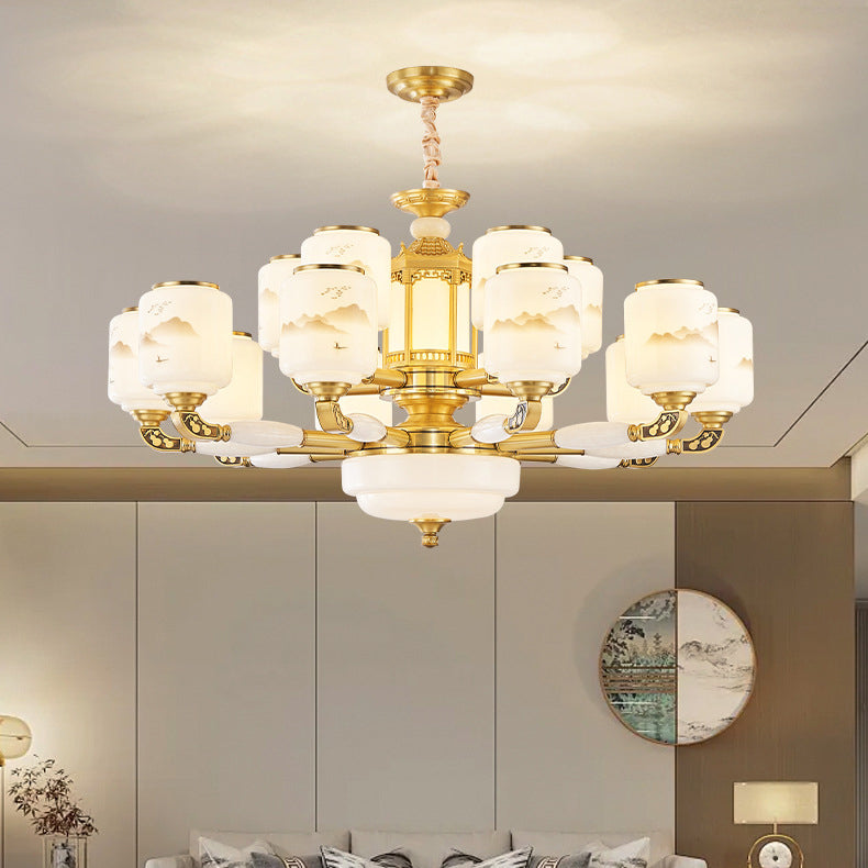 Traditional Chinese Copper Jade Glass Cylinder Temple Landscape Carving 6/8/10/12/15/18-Light Chandeliers For Living Room