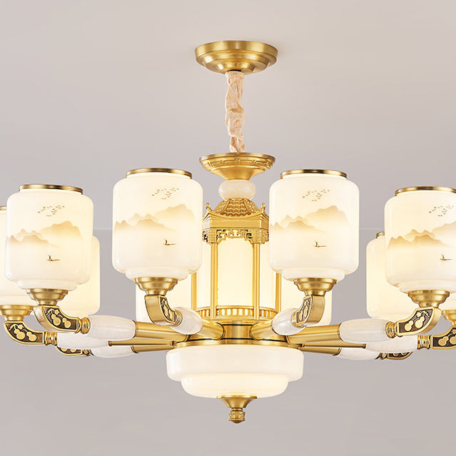 Traditional Chinese Copper Jade Glass Cylinder Temple Landscape Carving 6/8/10/12/15/18-Light Chandeliers For Living Room