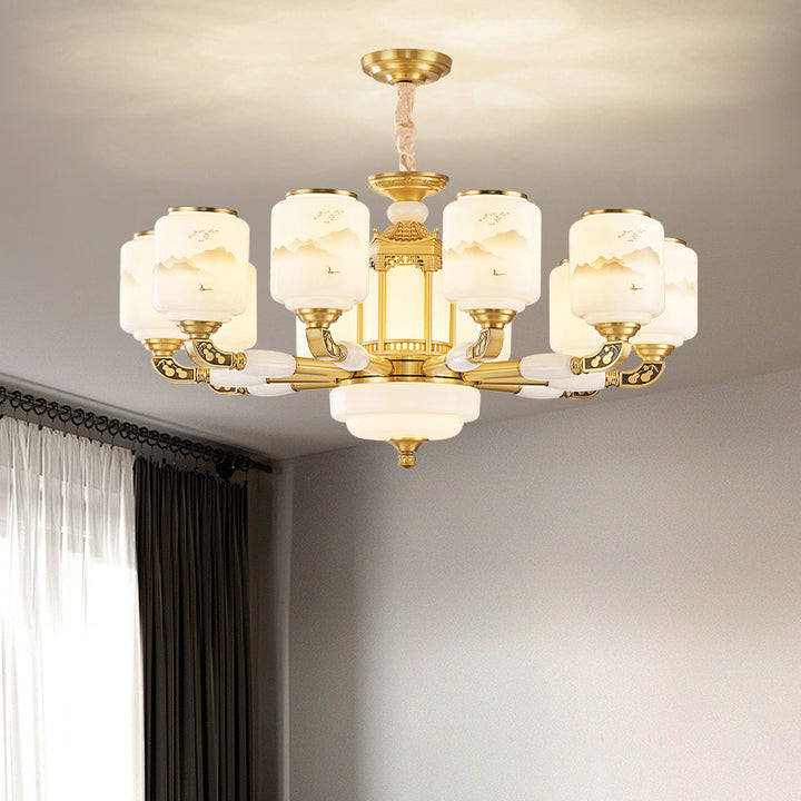 Traditional Chinese Copper Jade Glass Cylinder Temple Landscape Carving 6/8/10/12/15/18-Light Chandeliers For Living Room