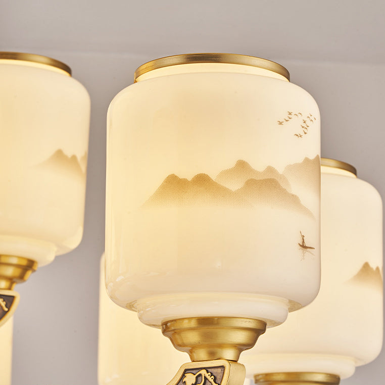 Traditional Chinese Copper Jade Glass Cylinder Temple Landscape Carving 6/8/10/12/15/18-Light Chandeliers For Living Room