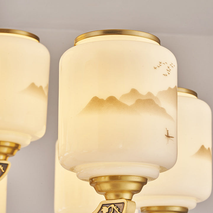Traditional Chinese Copper Jade Glass Cylinder Temple Landscape Carving 6/8/10/12/15/18-Light Chandeliers For Living Room