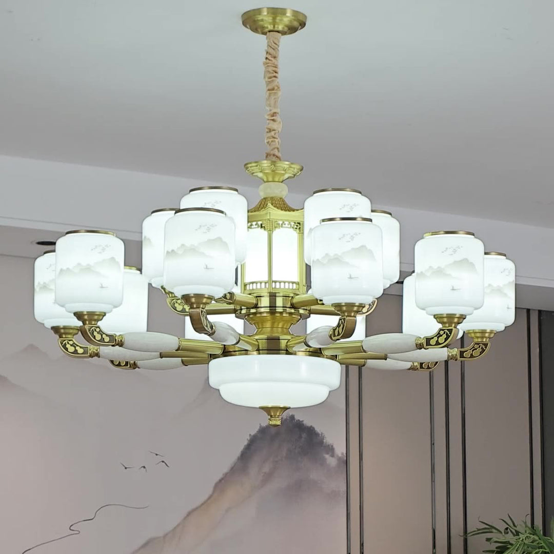 Traditional Chinese Copper Jade Glass Cylinder Temple Landscape Carving 6/8/10/12/15/18-Light Chandeliers For Living Room