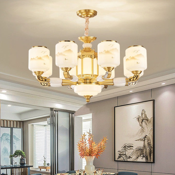 Traditional Chinese Copper Jade Glass Cylinder Temple Landscape Carving 6/8/10/12/15/18-Light Chandeliers For Living Room