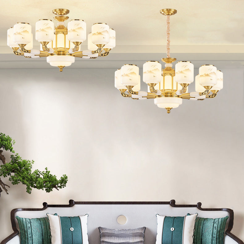 Traditional Chinese Copper Jade Glass Cylinder Temple Landscape Carving 6/8/10/12/15/18-Light Chandeliers For Living Room