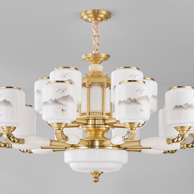 Traditional Chinese Copper Jade Glass Cylinder Temple Landscape Carving 6/8/10/12/15/18-Light Chandeliers For Living Room