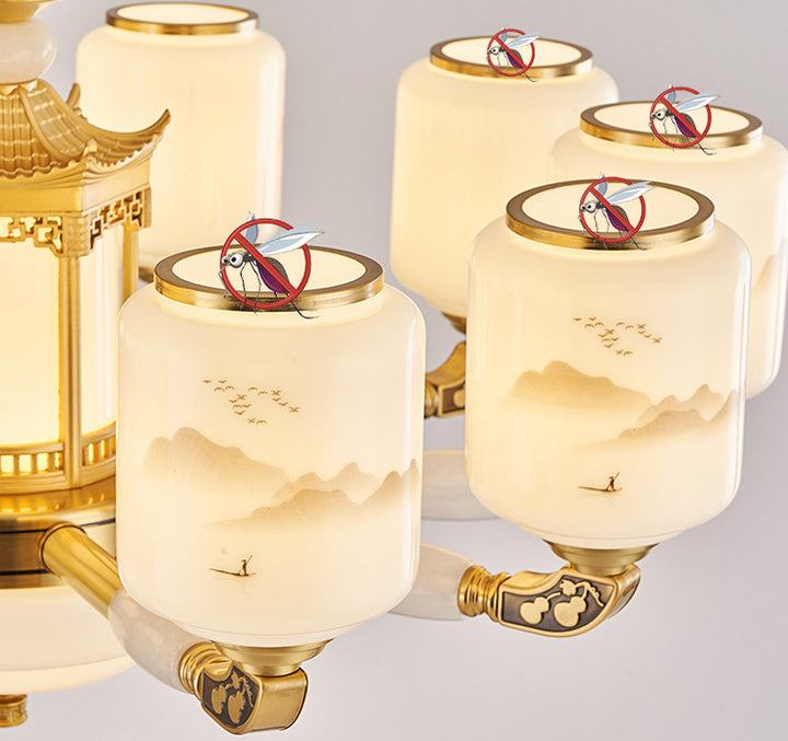 Traditional Chinese Copper Jade Glass Cylinder Temple Landscape Carving 6/8/10/12/15/18-Light Chandeliers For Living Room