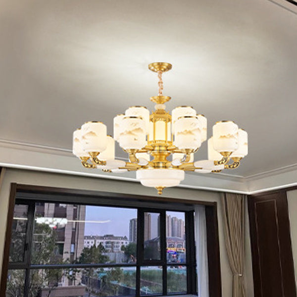Traditional Chinese Copper Jade Glass Cylinder Temple Landscape Carving 6/8/10/12/15/18-Light Chandeliers For Living Room