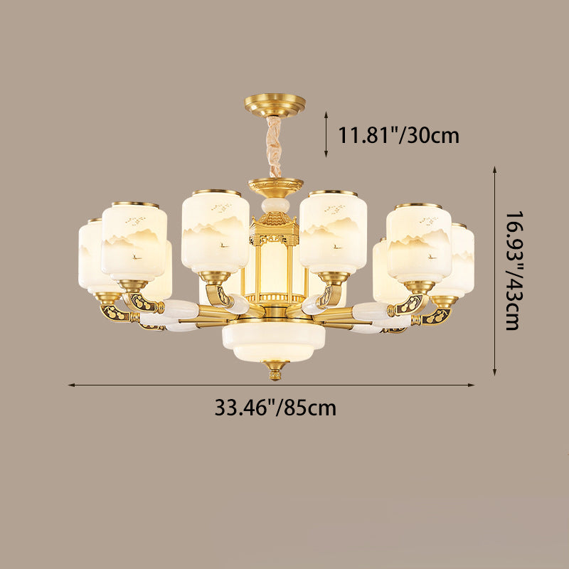 Traditional Chinese Copper Jade Glass Cylinder Temple Landscape Carving 6/8/10/12/15/18-Light Chandeliers For Living Room