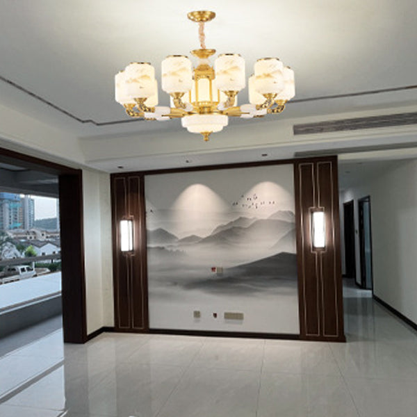Traditional Chinese Copper Jade Glass Cylinder Temple Landscape Carving 6/8/10/12/15/18-Light Chandeliers For Living Room