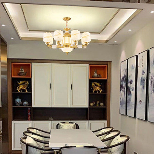 Traditional Chinese Copper Jade Glass Cylinder Temple Landscape Carving 6/8/10/12/15/18-Light Chandeliers For Living Room