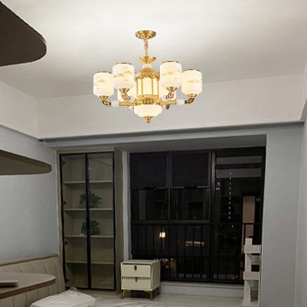 Traditional Chinese Copper Jade Glass Cylinder Temple Landscape Carving 6/8/10/12/15/18-Light Chandeliers For Living Room
