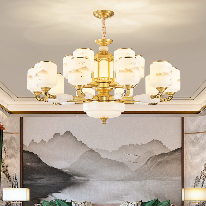 Traditional Chinese Copper Jade Glass Cylinder Temple Landscape Carving 6/8/10/12/15/18-Light Chandeliers For Living Room