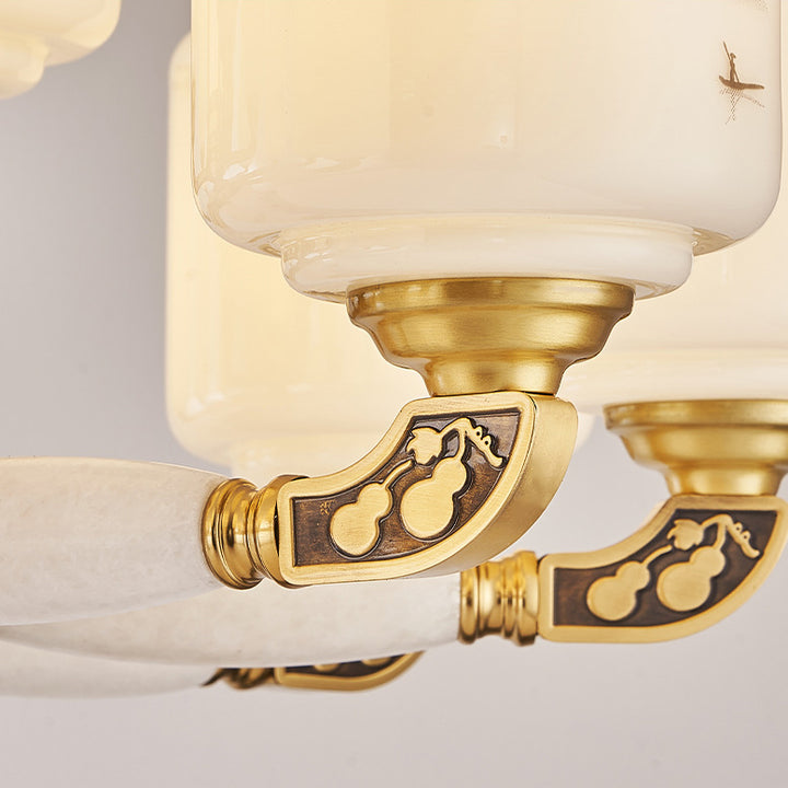 Traditional Chinese Copper Jade Glass Cylinder Temple Landscape Carving 6/8/10/12/15/18-Light Chandeliers For Living Room