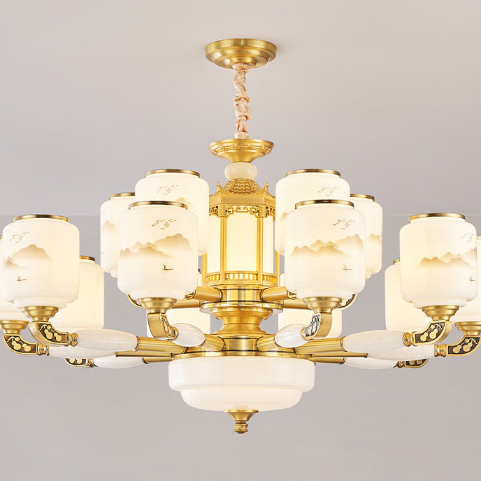 Traditional Chinese Copper Jade Glass Cylinder Temple Landscape Carving 6/8/10/12/15/18-Light Chandeliers For Living Room