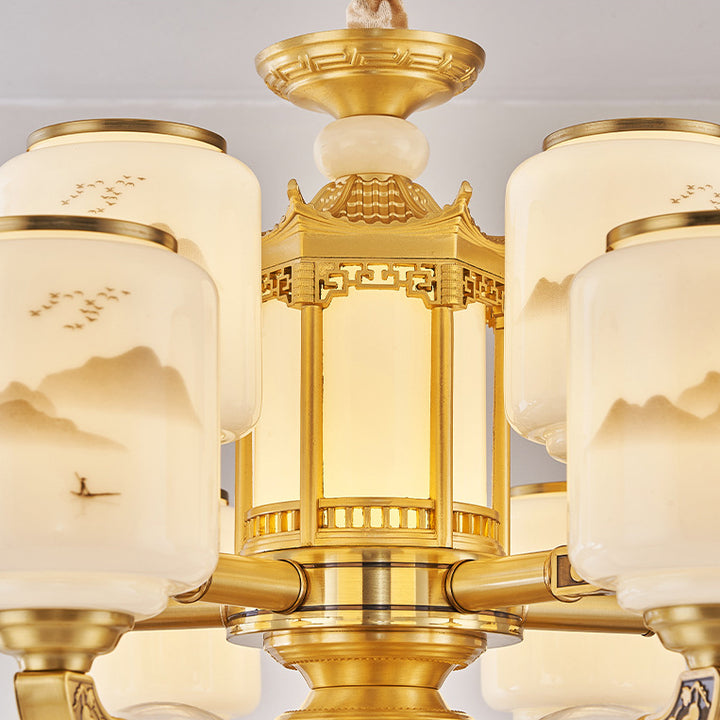 Traditional Chinese Copper Jade Glass Cylinder Temple Landscape Carving 6/8/10/12/15/18-Light Chandeliers For Living Room