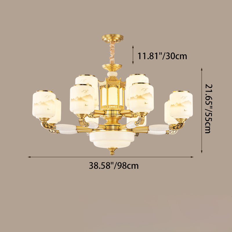 Traditional Chinese Copper Jade Glass Cylinder Temple Landscape Carving 6/8/10/12/15/18-Light Chandeliers For Living Room