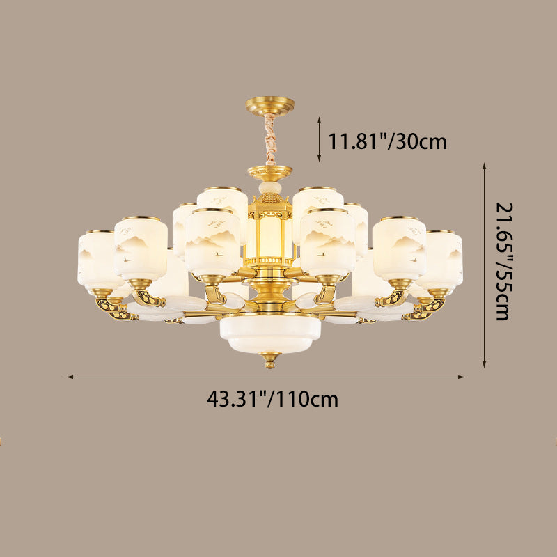 Traditional Chinese Copper Jade Glass Cylinder Temple Landscape Carving 6/8/10/12/15/18-Light Chandeliers For Living Room