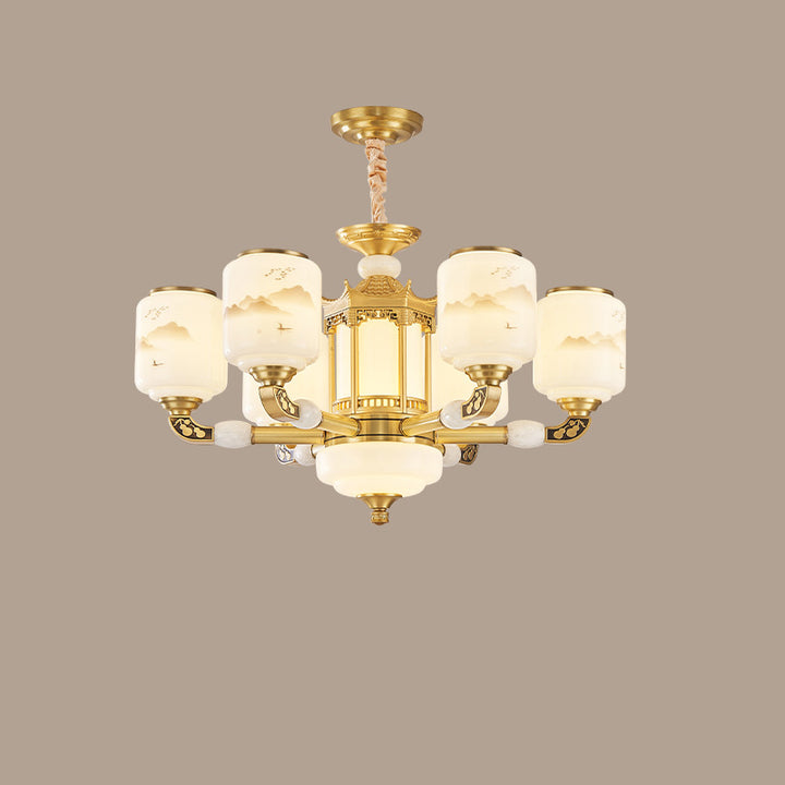Traditional Chinese Copper Jade Glass Cylinder Temple Landscape Carving 6/8/10/12/15/18-Light Chandeliers For Living Room