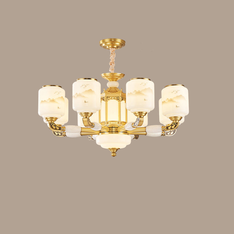 Traditional Chinese Copper Jade Glass Cylinder Temple Landscape Carving 6/8/10/12/15/18-Light Chandeliers For Living Room