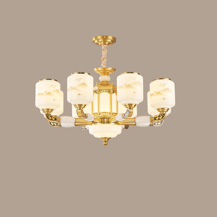 Traditional Chinese Copper Jade Glass Cylinder Temple Landscape Carving 6/8/10/12/15/18-Light Chandeliers For Living Room