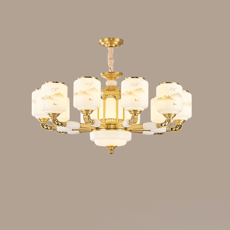 Traditional Chinese Copper Jade Glass Cylinder Temple Landscape Carving 6/8/10/12/15/18-Light Chandeliers For Living Room