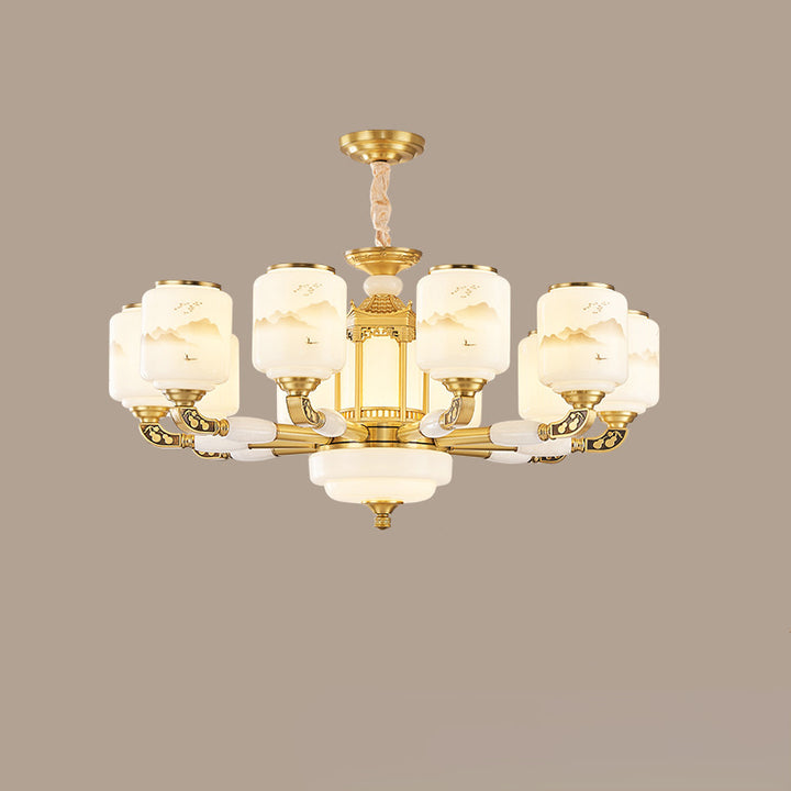 Traditional Chinese Copper Jade Glass Cylinder Temple Landscape Carving 6/8/10/12/15/18-Light Chandeliers For Living Room