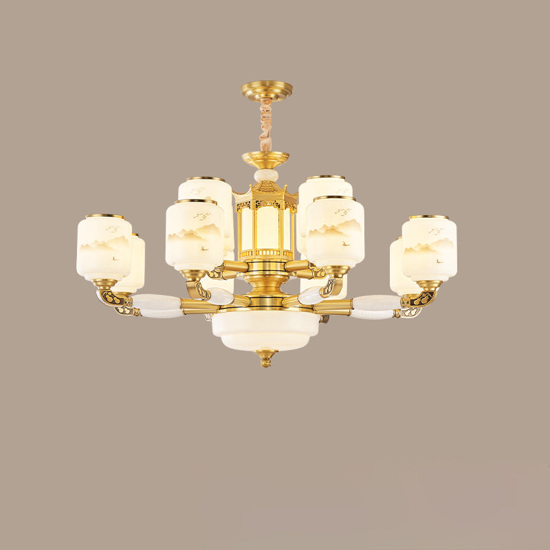 Traditional Chinese Copper Jade Glass Cylinder Temple Landscape Carving 6/8/10/12/15/18-Light Chandeliers For Living Room