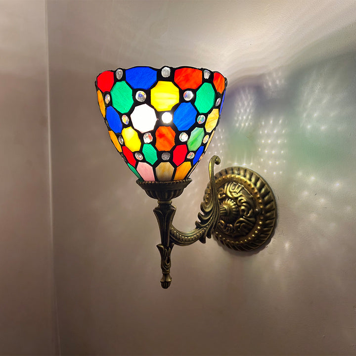 Traditional Tiffany Glass Zinc Alloy Bowl Petal Beads 1-Light Wall Sconce Lamp For Hallway