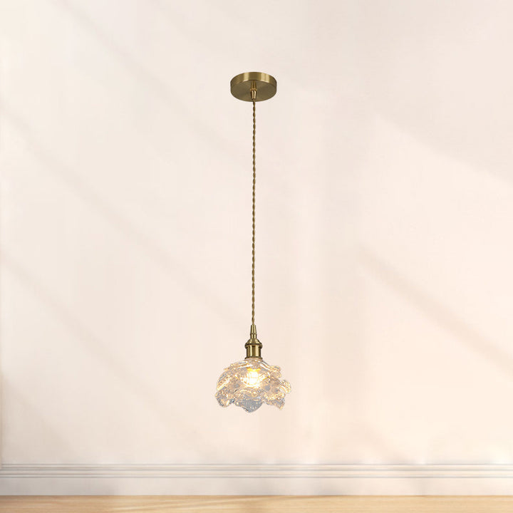 Traditional French Copper Glass Floral Rose Petal 1-Light Pendant Light For Dining Room
