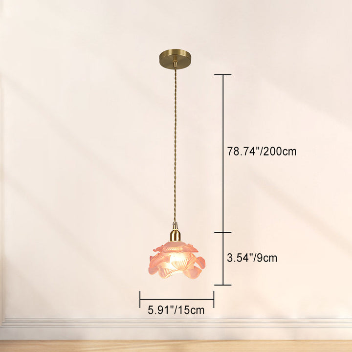 Traditional French Copper Glass Floral Rose Petal 1-Light Pendant Light For Dining Room