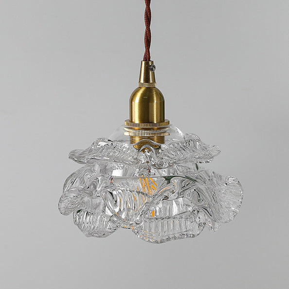 Traditional French Copper Glass Floral Rose Petal 1-Light Pendant Light For Dining Room