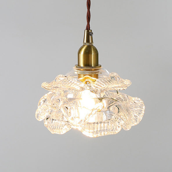 Traditional French Copper Glass Floral Rose Petal 1-Light Pendant Light For Dining Room