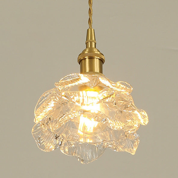 Traditional French Copper Glass Floral Rose Petal 1-Light Pendant Light For Dining Room