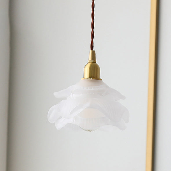 Traditional French Copper Glass Floral Rose Petal 1-Light Pendant Light For Dining Room