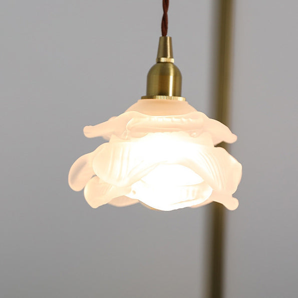 Traditional French Copper Glass Floral Rose Petal 1-Light Pendant Light For Dining Room
