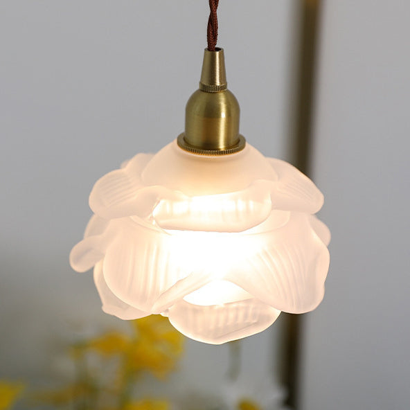 Traditional French Copper Glass Floral Rose Petal 1-Light Pendant Light For Dining Room