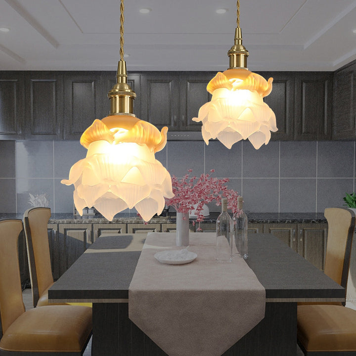 Traditional French Copper Glass Floral Rose Petal 1-Light Pendant Light For Dining Room