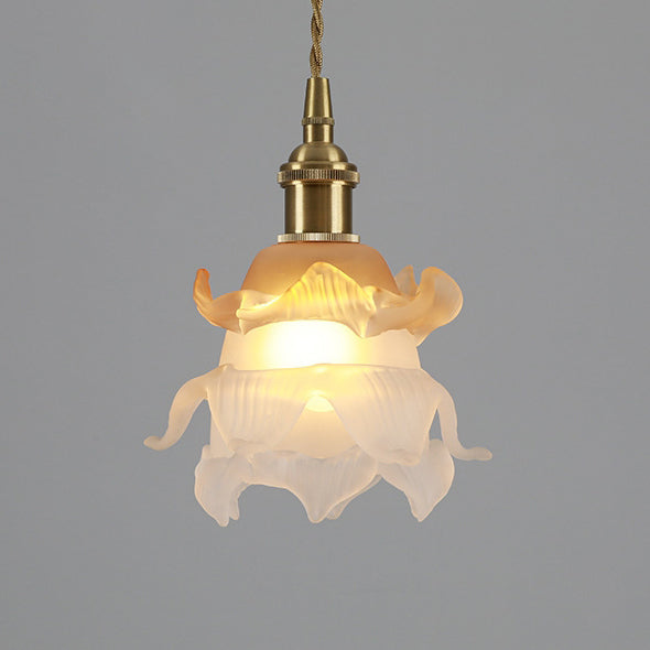 Traditional French Copper Glass Floral Rose Petal 1-Light Pendant Light For Dining Room