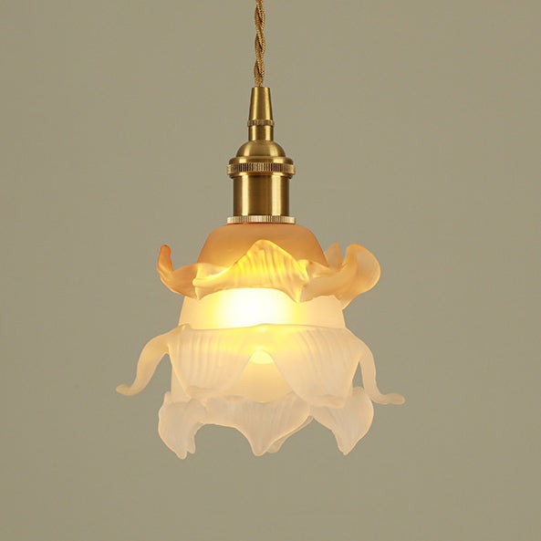 Traditional French Copper Glass Floral Rose Petal 1-Light Pendant Light For Dining Room