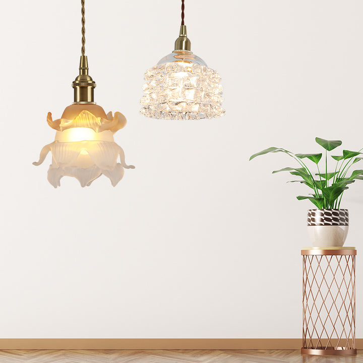 Traditional French Copper Glass Floral Rose Petal 1-Light Pendant Light For Dining Room